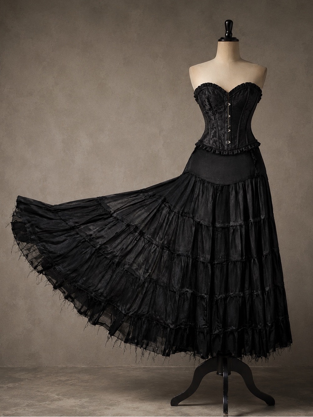 Y2K Black Tiered Gauze Maxi Skirt Oversized Boho Raw Hem Witchy Festival
